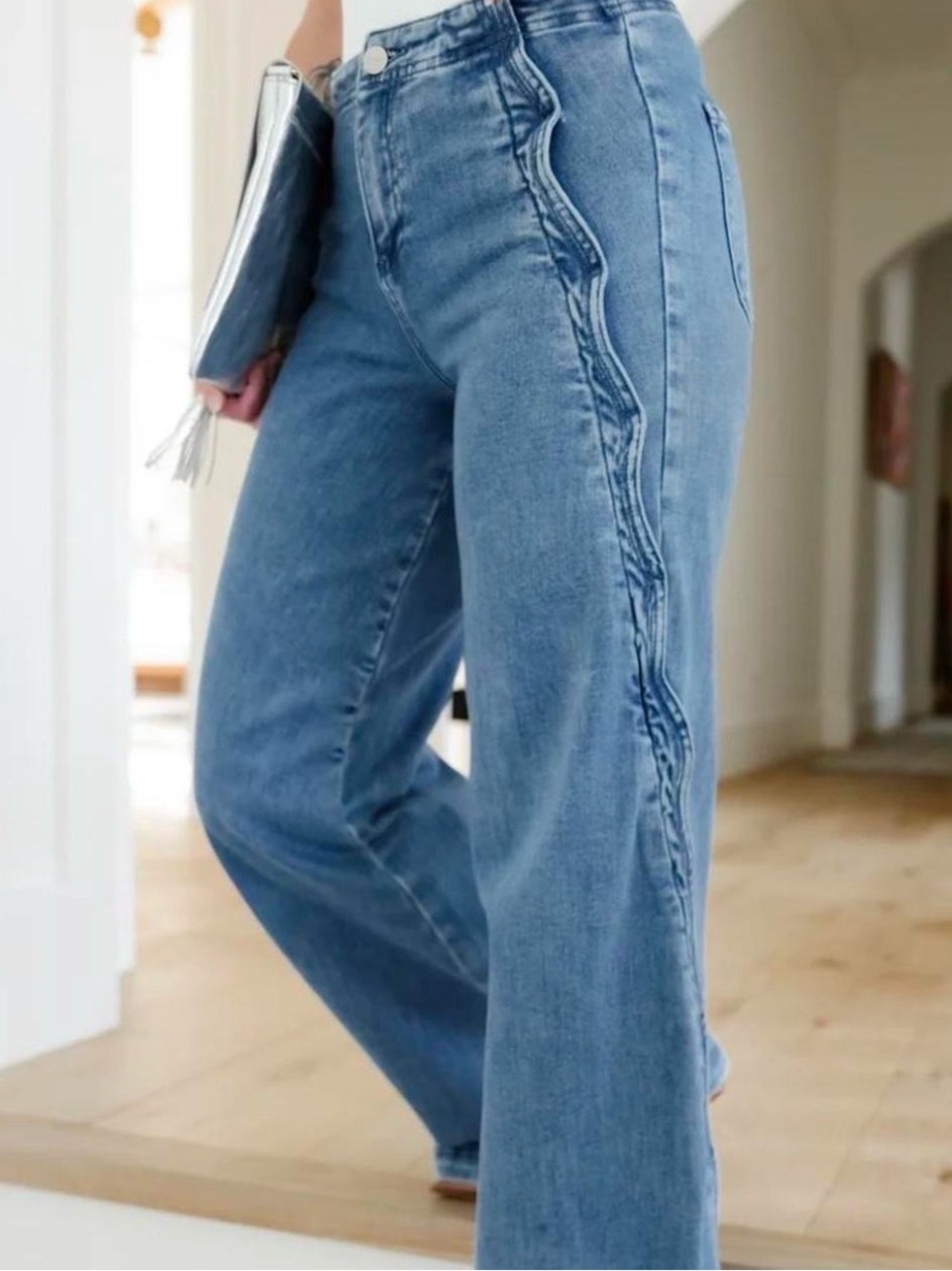 Light Blue Wide-Leg Flare Jeans with Side Seam Detail